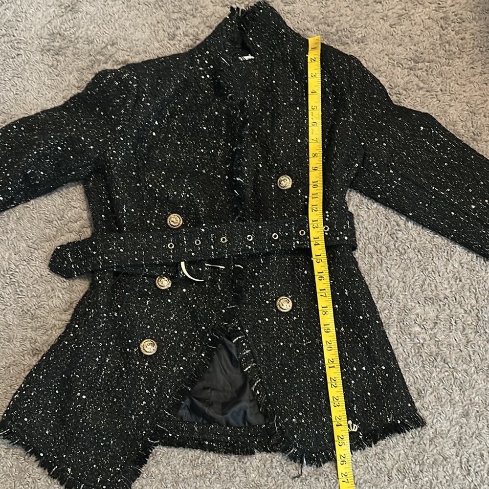 Nwt Black Tweed raw hem Women's pea Coat with belt preppy chic - Picture 15 of 15